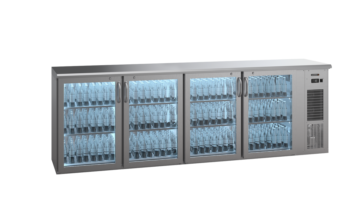 Gamko E3/2222GMUCS plug-ready bottle cooler with 4 inox glass doors