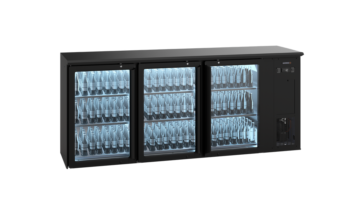 Gamko E3/222GMU plug-ready bottle cooler with 3 anthracite glass doors