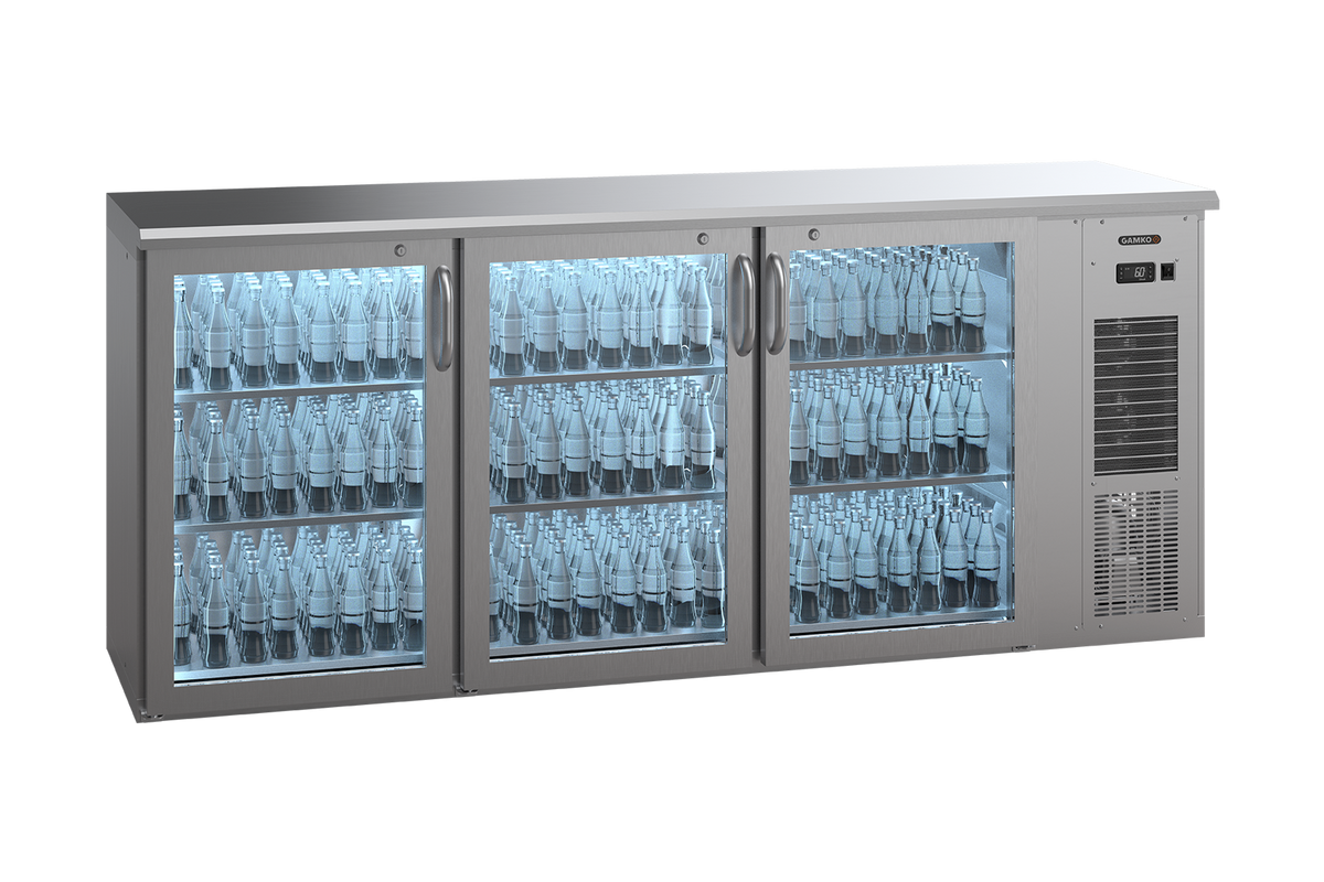 Gamko E3/222GMUCS plug-ready bottle cooler with 3 inox glass doors
