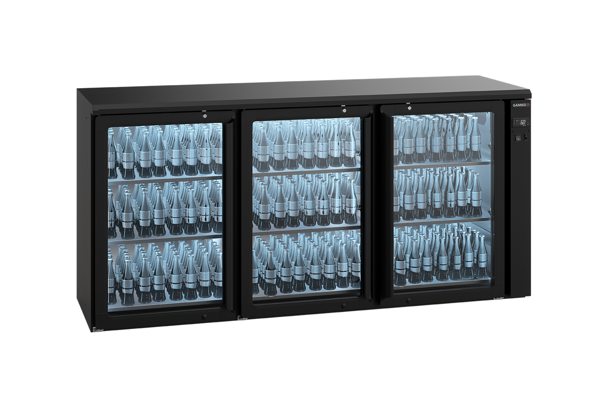 Gamko E3/222GVS remote bottle cooler with 3 anthracite glass doors