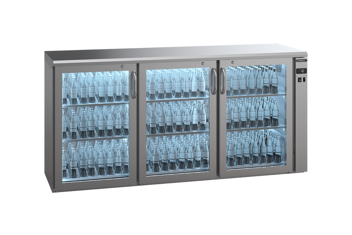 Gamko E3/222GVSCS remote bottle cooler with 3 inox glass doors