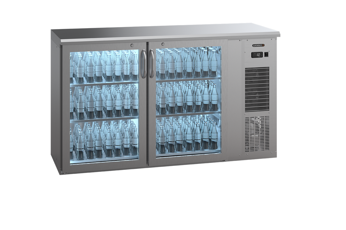 Gamko E3/22GMUCS plug-ready bottle cooler with 2 inox glass doors